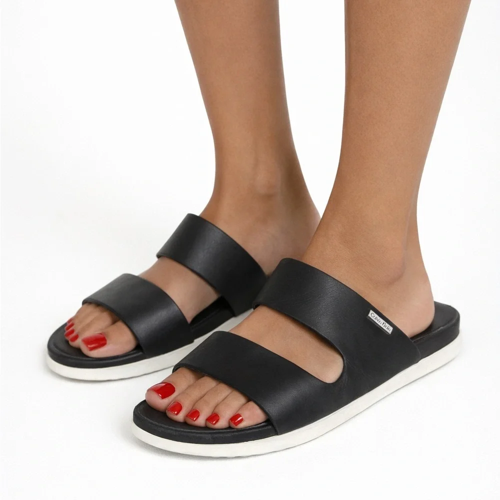 2/for $20 🪩 CALVIN KLEIN Black Leather Slide Flat Slip-On Sandals (Women’s 8)